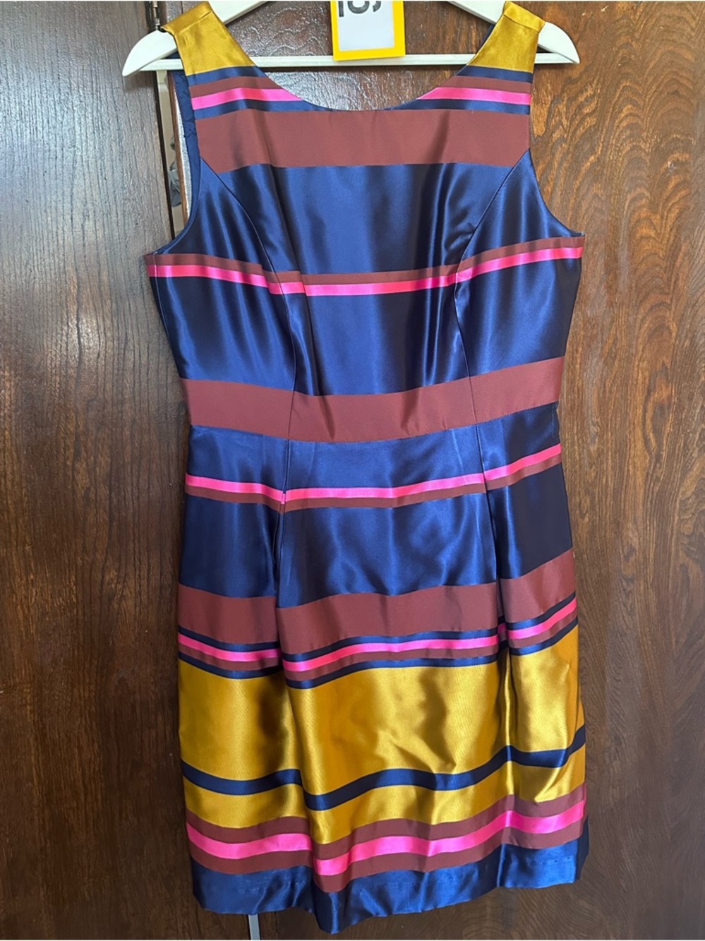 Trina Turk Navy, Gold, Pink & Burgundy Striped Satin Midi Dress Large 8-10